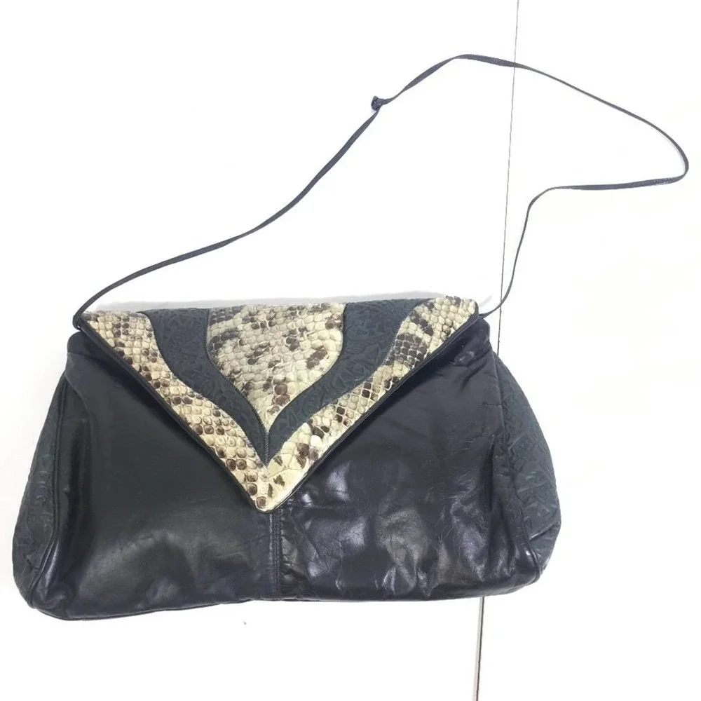 Exotic Vintage Leather Python Shoulder Bag Clutch Handbag Black